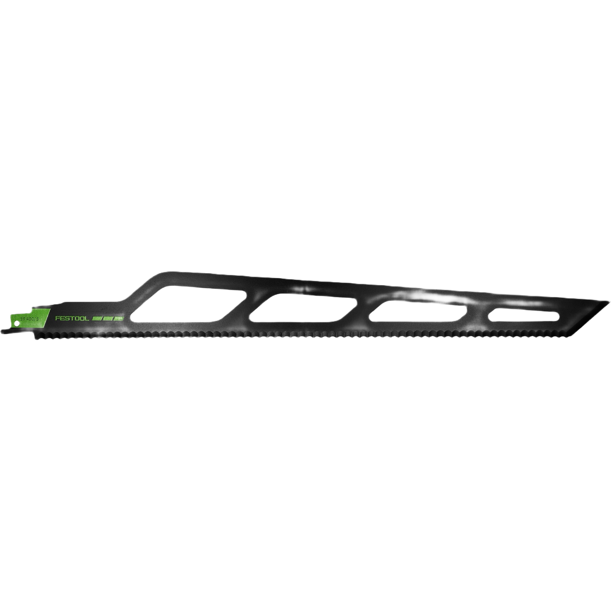 Long black sabre saw blade with cutout design and green Festool brand accent for insulating materials in home improvement