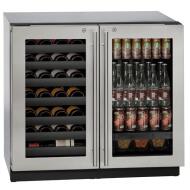 Stainless steel dual door beverage center with glass panels displaying wine bottles and canned drinks from appliances collection