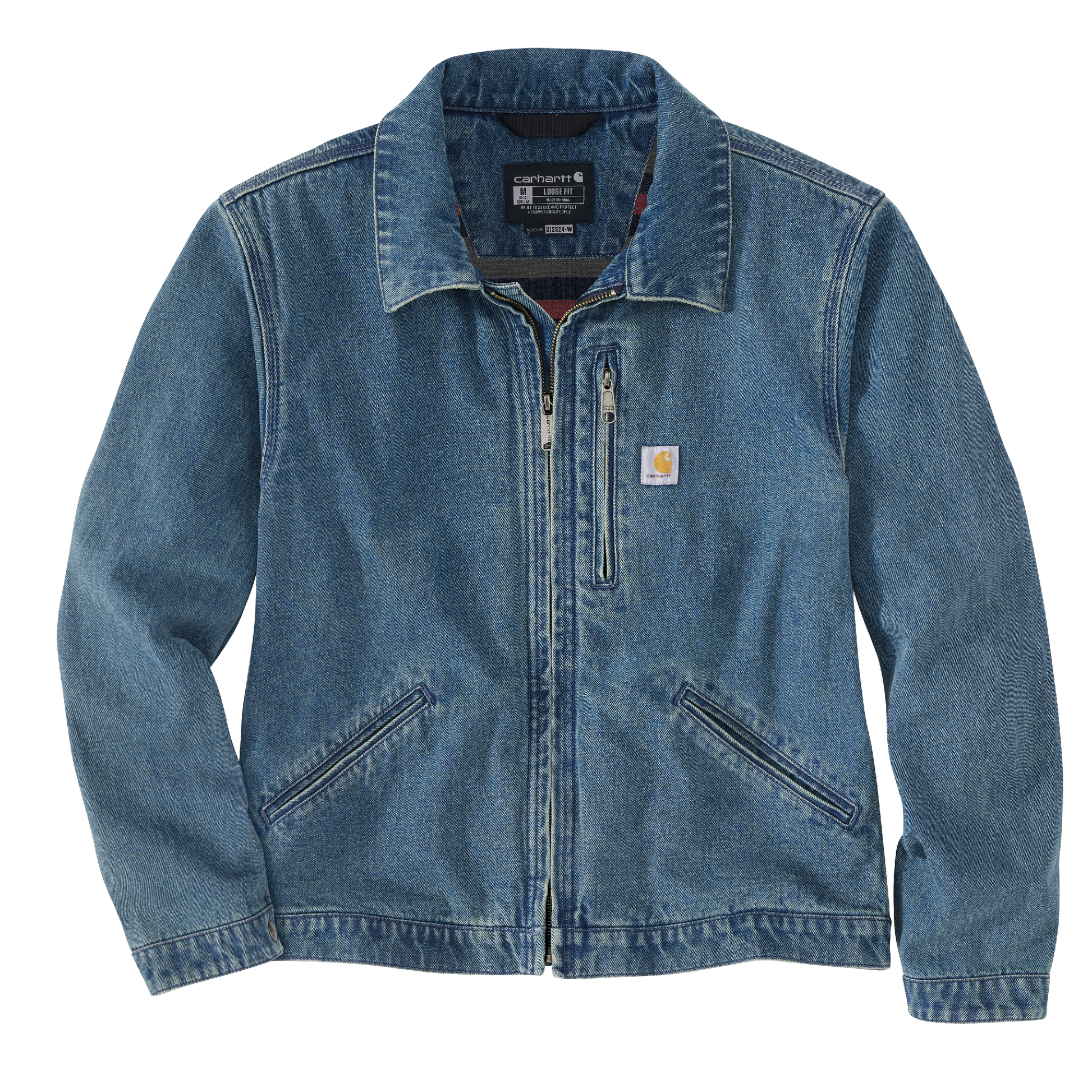 Women's denim jacket in relaxed fit with zip front and chest pocket, ideal for casual outerwear collections under $100