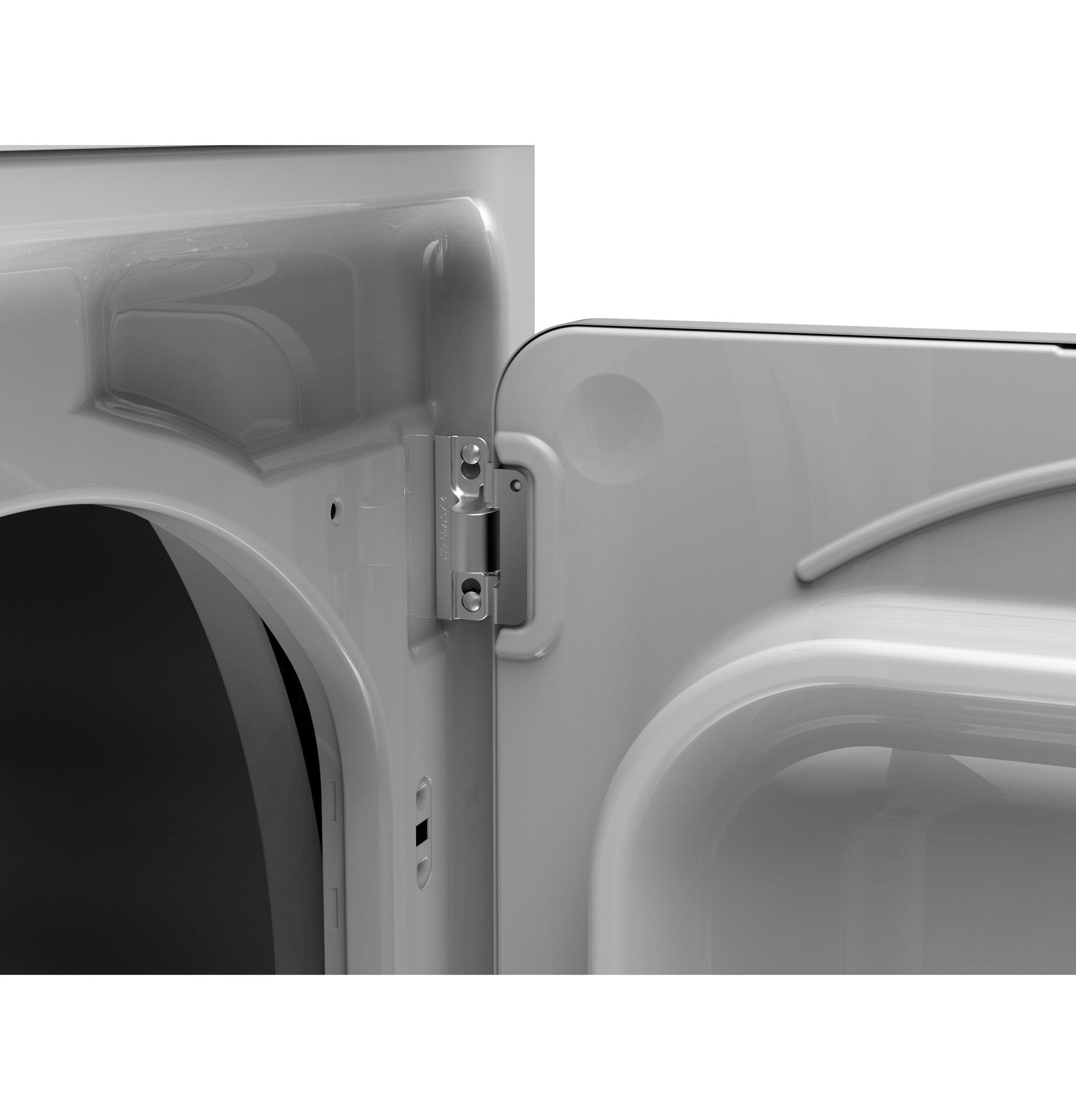 Close-up of the door hinge and inner panel on white gas dryer in dryers and appliances collections