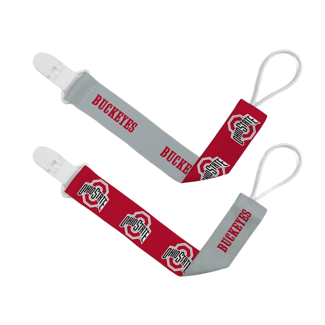 Two-pack of red and gray pacifier clips featuring Ohio State logos and Buckeyes text for baby accessories