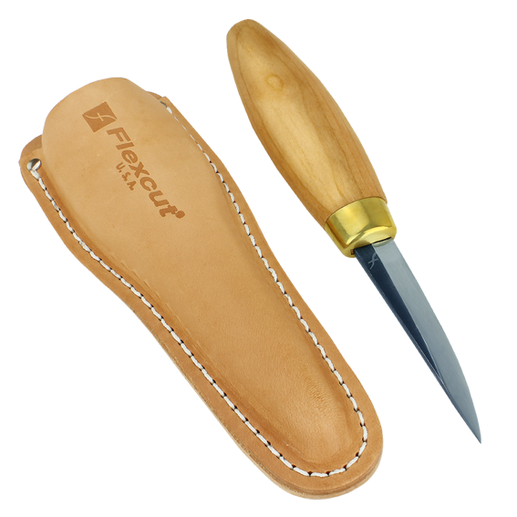 Wood-handled carving knife with brass ferrule and leather sheath for woodworking tools and craft projects under $100