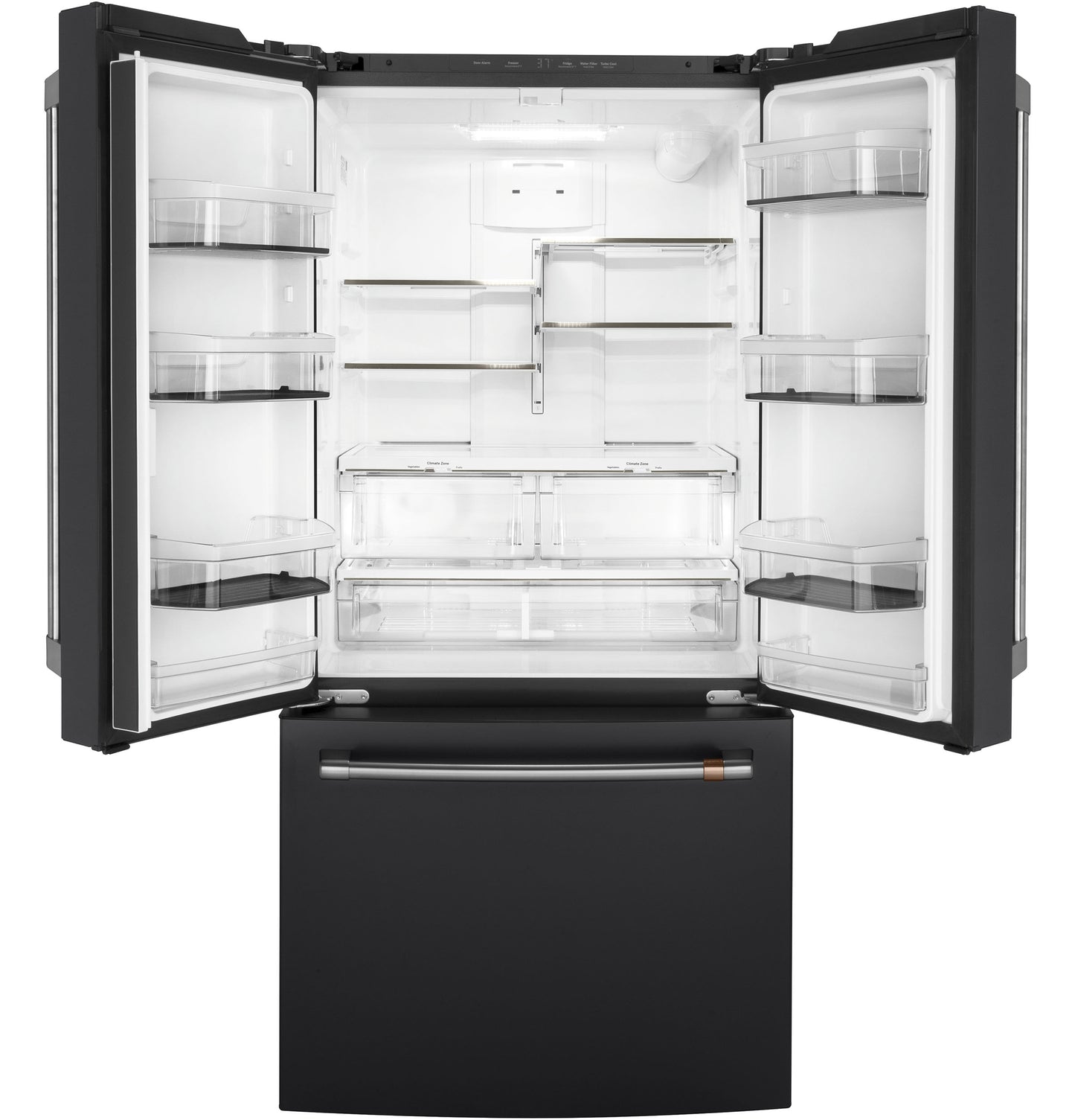 Open black counter-depth French-door refrigerator with empty interior and bottom freezer drawer in kitchen appliances collection
