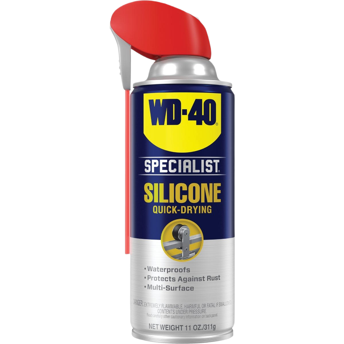 Aerosol can of WD-40 Specialist quick-drying silicone lubricant with red spray nozzle for tools and home maintenance