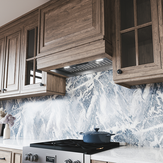 Built-in kitchen range hood with LED lighting and hybrid baffle filters in Over the Range Hoods and Kitchen & Kitchenware collections