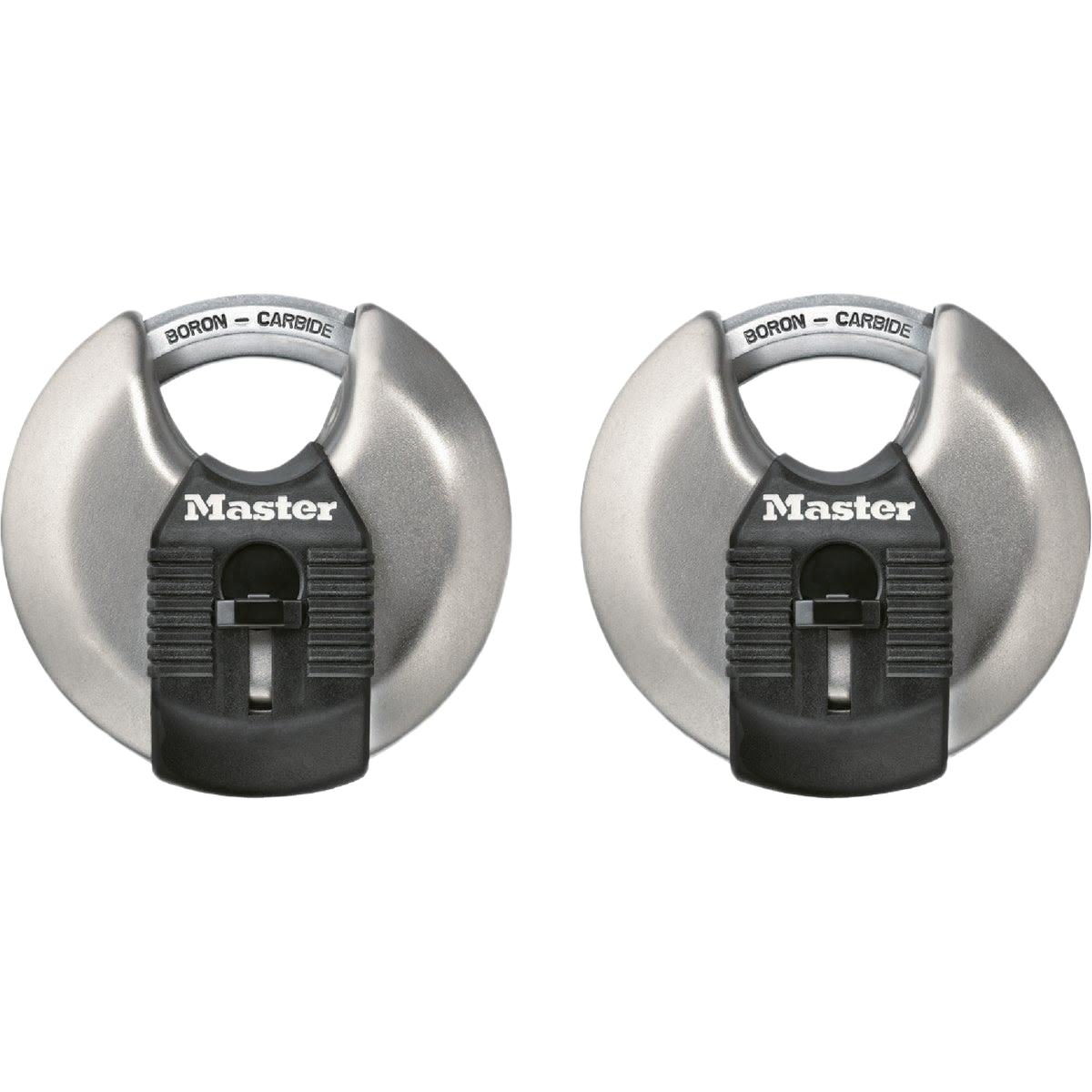 Two silver disc padlocks with black keyholes featuring boron-carbide hardened shackles for secure home improvement use
