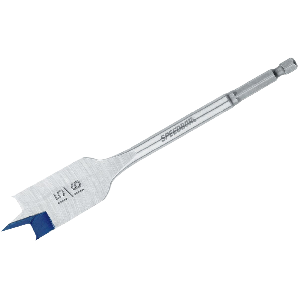 Steel spade bit with blue groove tip for fast chip removal in drill bits and power tool accessories collections