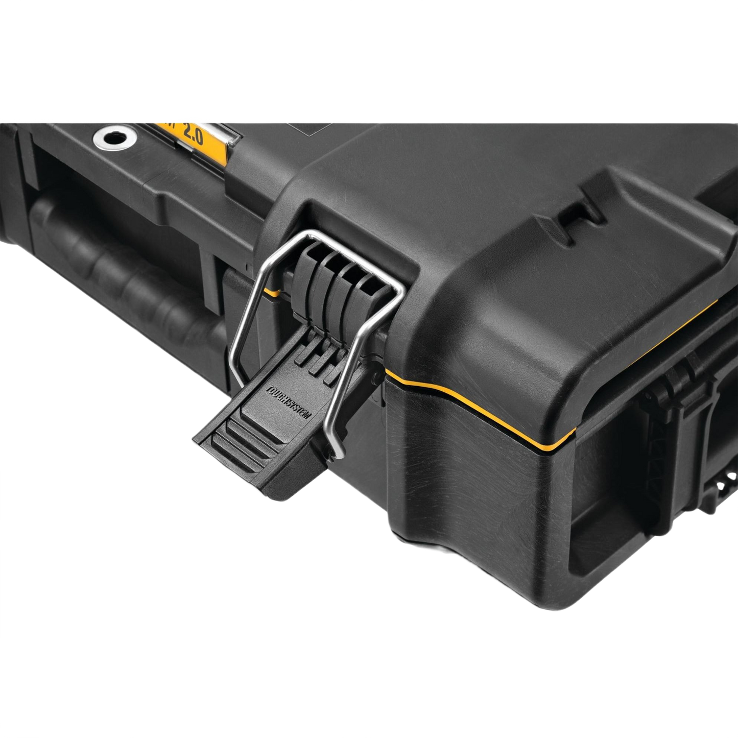 Close-up of black and yellow heavy-duty toolbox latch and handle for secure tool storage and easy transport.
