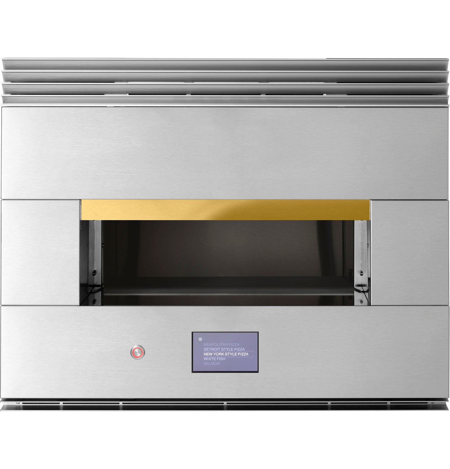 Stainless steel hearth oven with digital display and gold-accented handle in Wall Ovens and Kitchen collections
