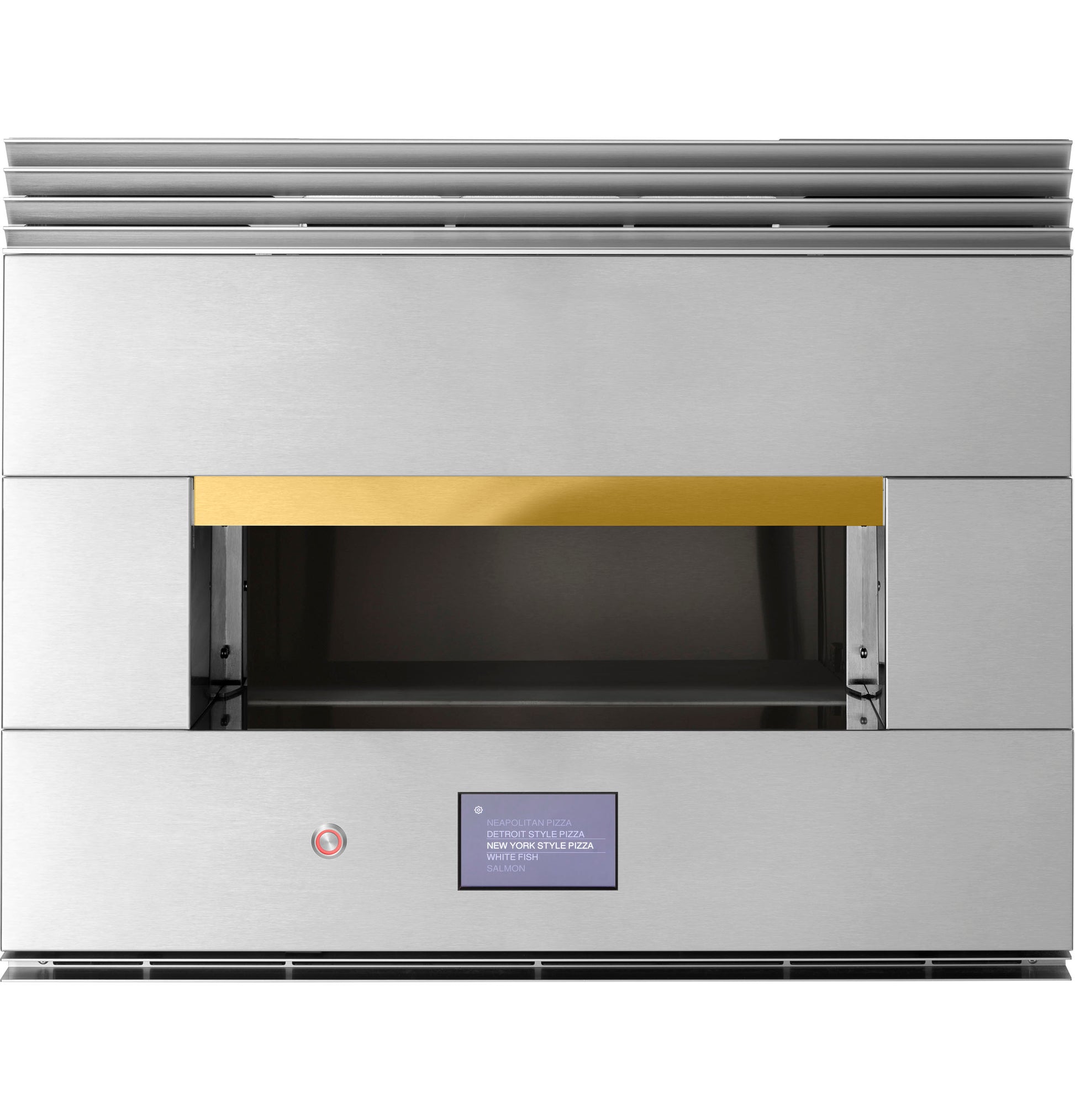 Stainless steel hearth oven with digital display and gold-accented handle in Wall Ovens and Kitchen collections