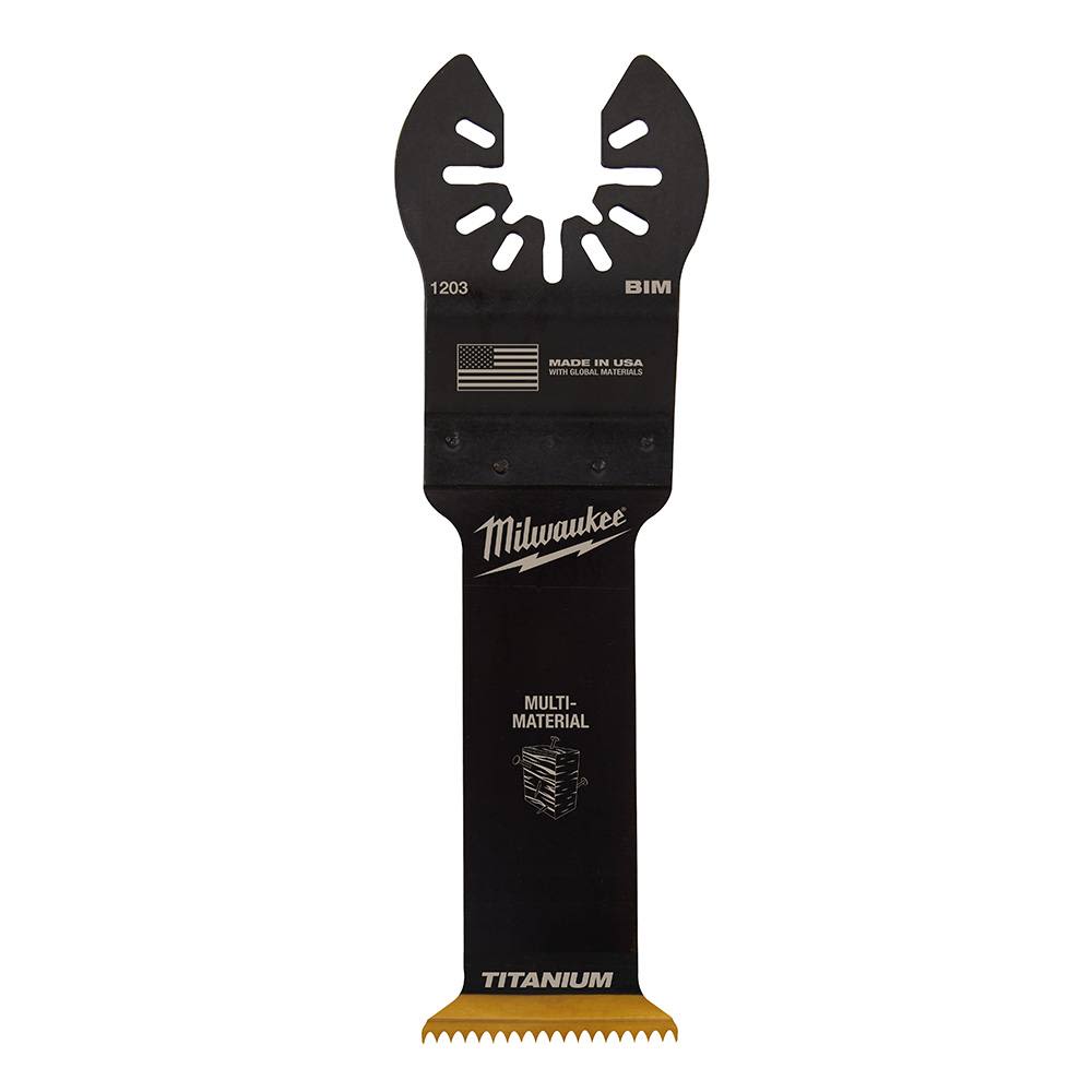 Black bi-metal oscillating tool blade with titanium coated teeth, made for multi-material cutting in woodworking tools collection