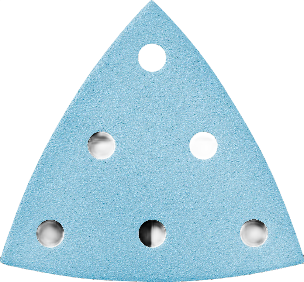 Light blue triangular sanding sheet with multiple circular holes for power tool accessories and abrasives collection