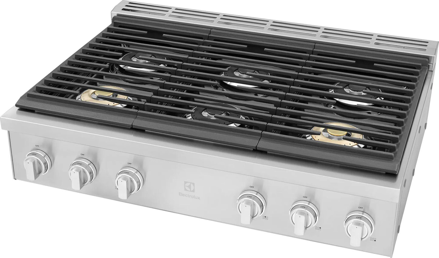 Stainless steel 36-inch gas cooktop with five burners, including two brass burners, from Gas Cooktops collection