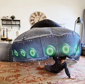 Child playing under gray and green inflatable UFO AirFort for pretend play in toys and games collection under $100