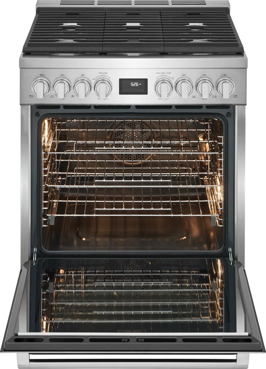 30-inch stainless steel dual-fuel range with gas burners and open electric oven in ranges and kitchenware collection