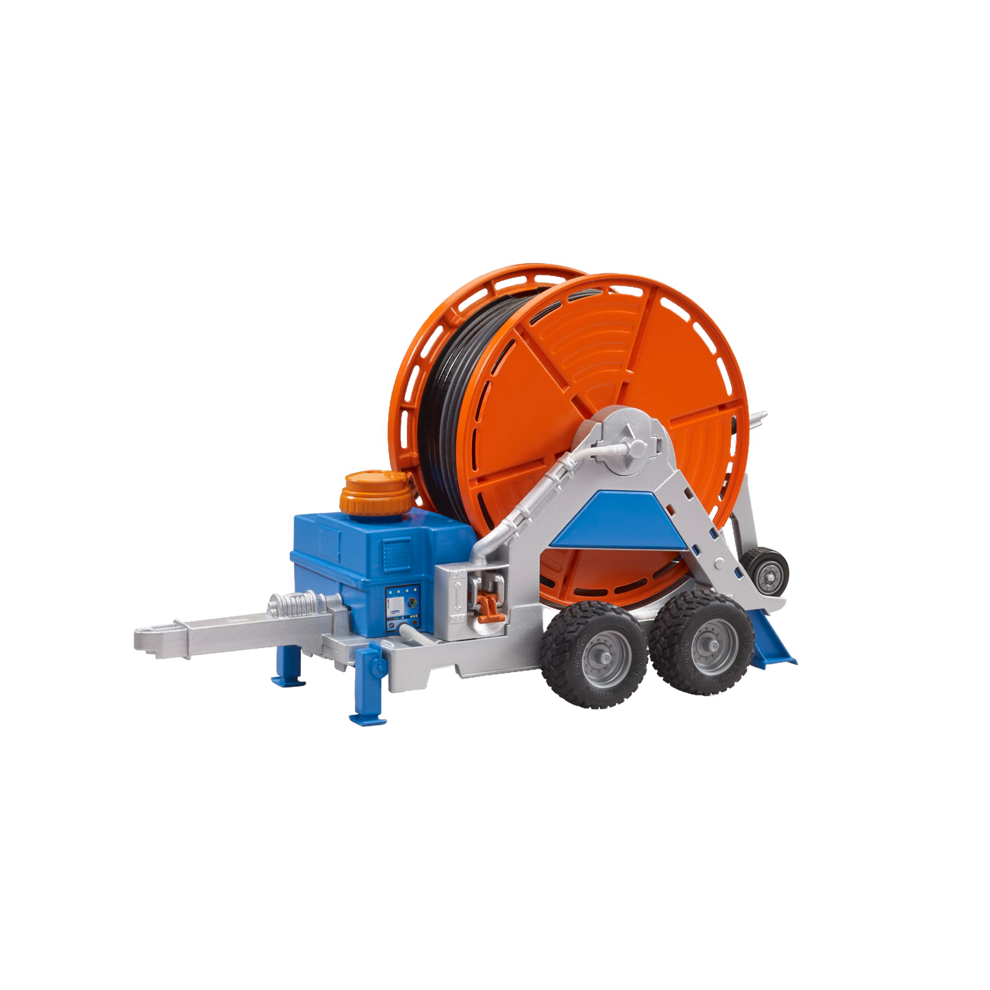 Blue, orange, and silver irrigation trailer toy with large hose reel and dual wheels from Bruder Toys collection under $50