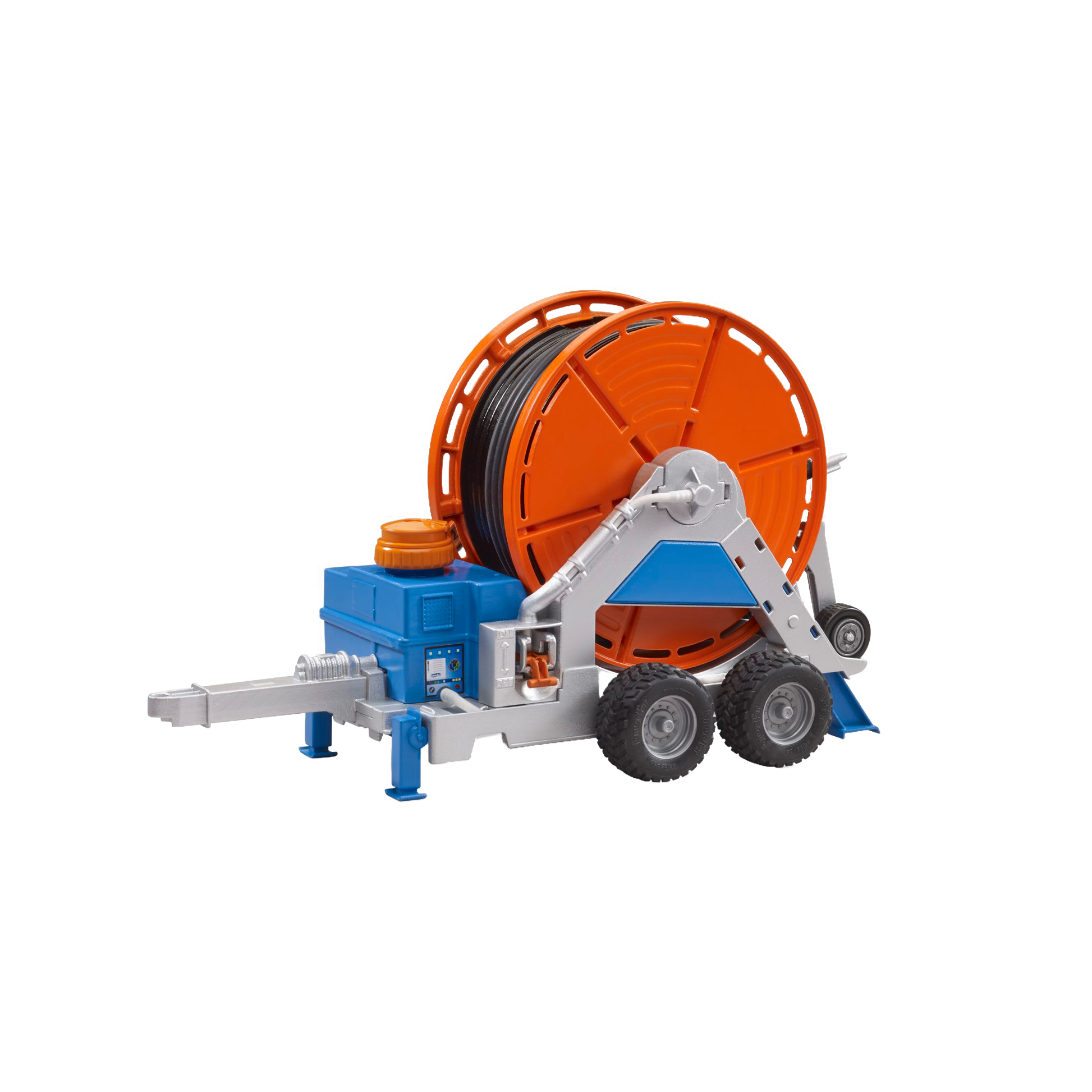 Blue, orange, and silver irrigation trailer toy with large hose reel and dual wheels from Bruder Toys collection under $50