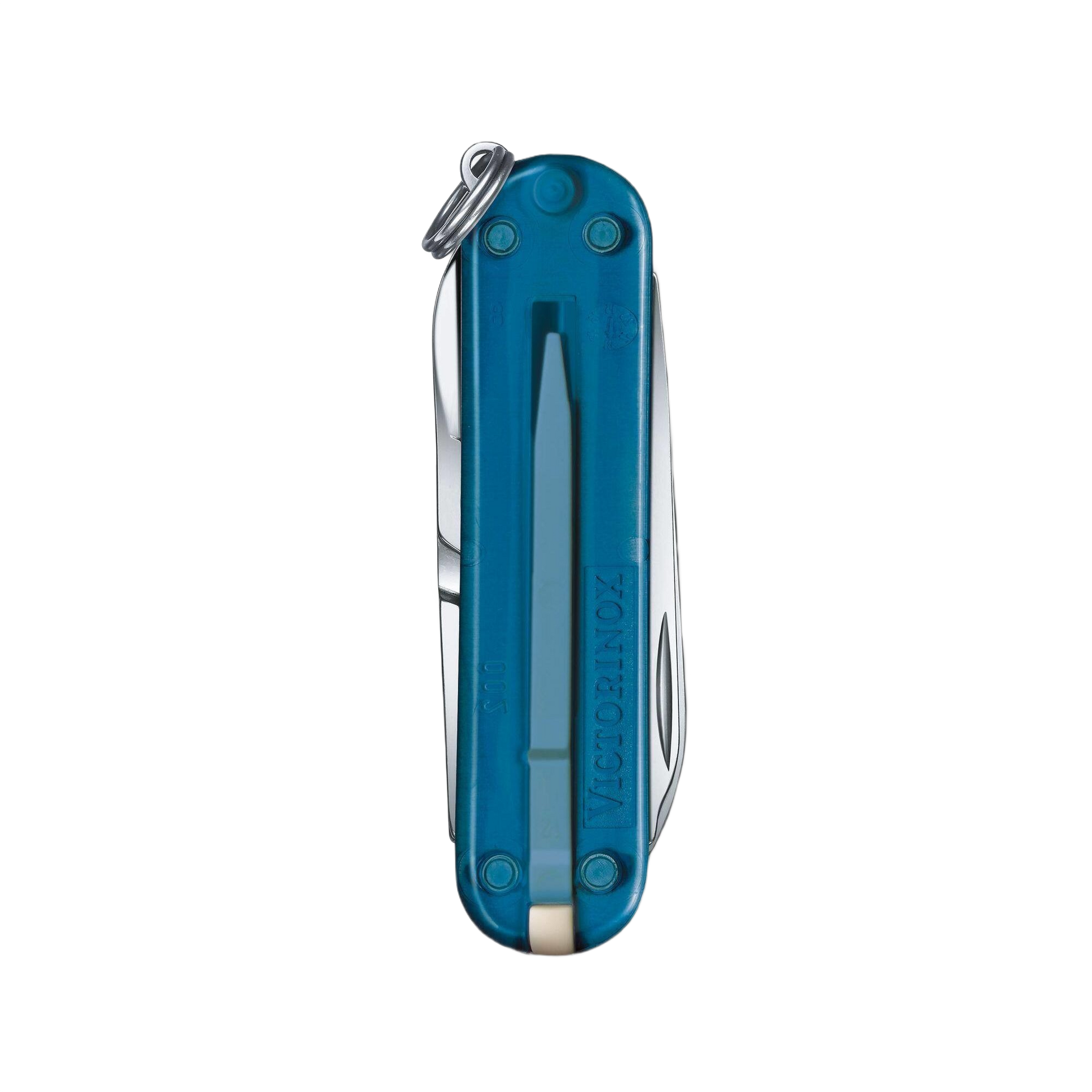 Compact translucent blue multi-tool pocket knife featuring small blade, nail file, and tweezers for versatile everyday use