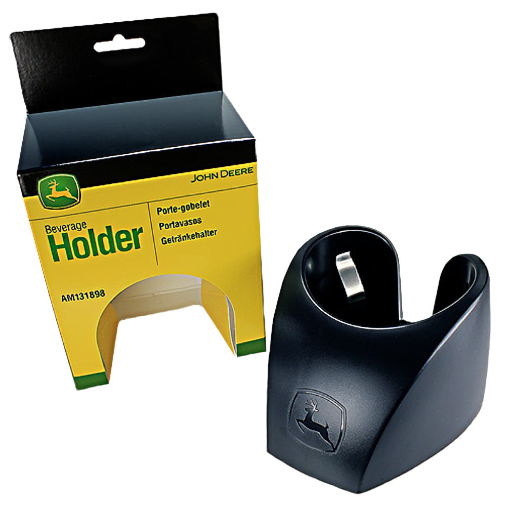 Black John Deere beverage holder with adhesive mount beside yellow and green packaging in automotive accessories collections