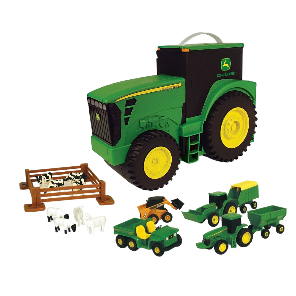 Green and yellow tractor carry case with miniature farm vehicles and livestock figures for children’s play and storage