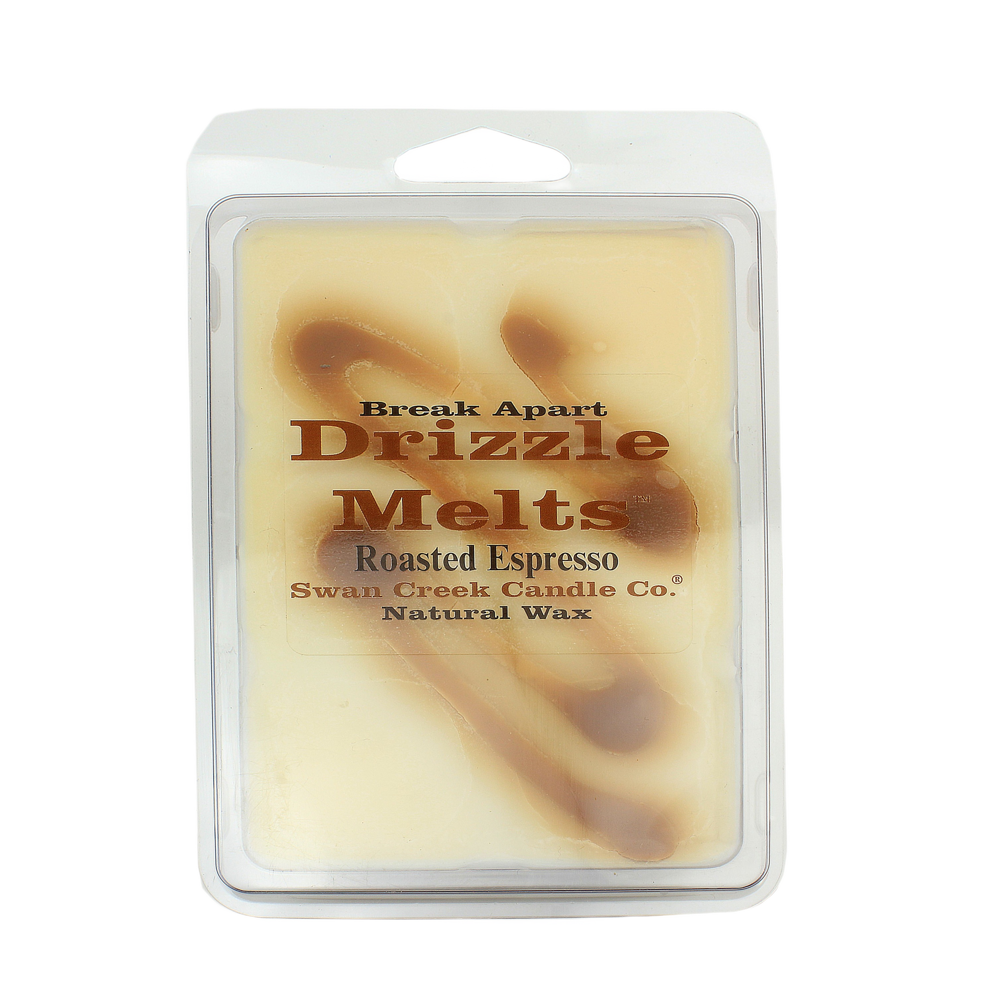 Break apart natural wax melts with roasted espresso scent in a clear clamshell package for home fragrance use