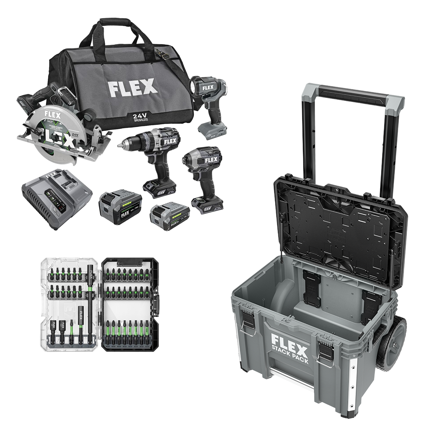 FLEX 24V 4-Tool Combo Kit + 41-Pc. Impact Driver Bit Set & Stack Pack™ Rolling Tool Box