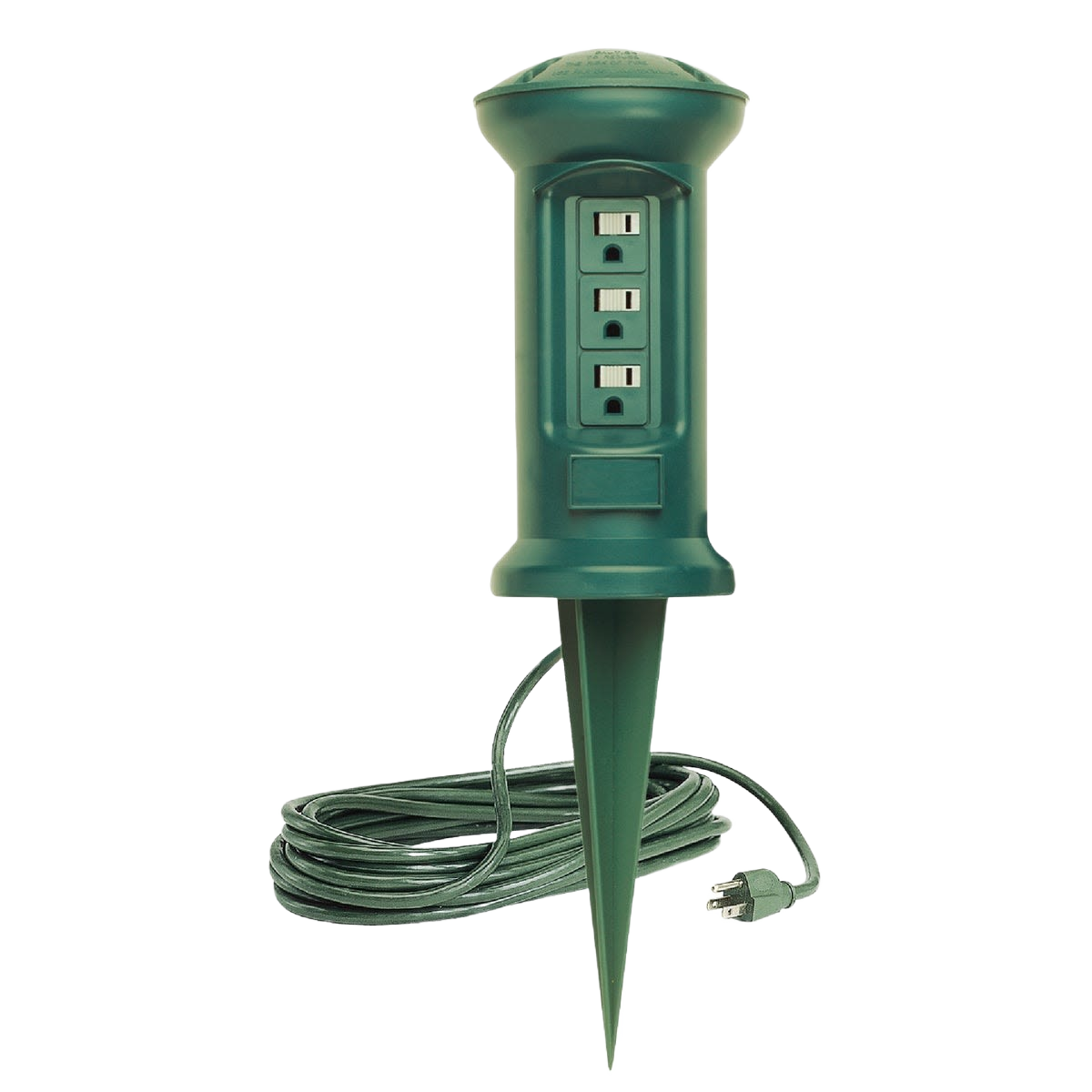 Dark green outdoor power stake with three outlets and an extended cord for electrical use under $50 collection