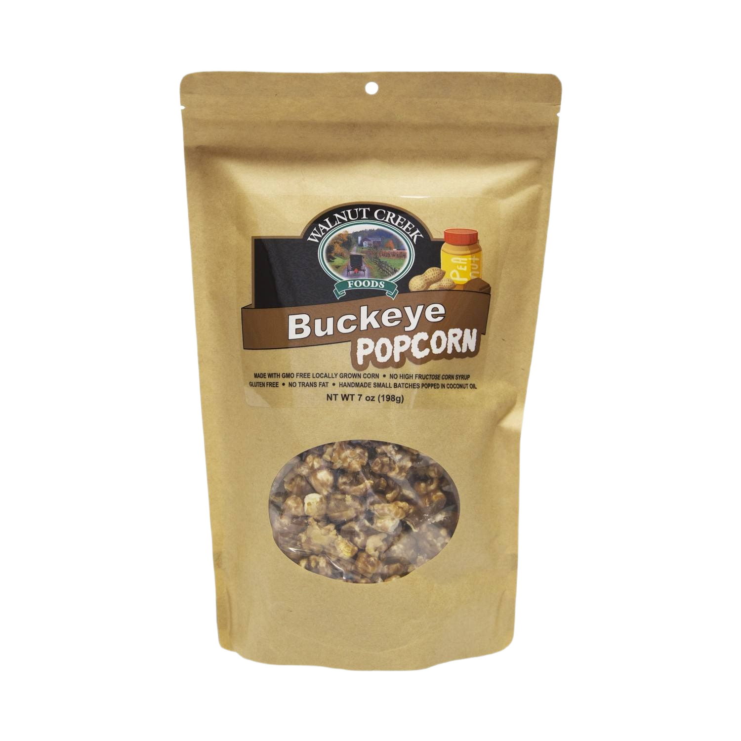 7 oz bag of gluten-free Buckeye flavored popcorn in resealable kraft paper pouch from Chips & Snacks collection
