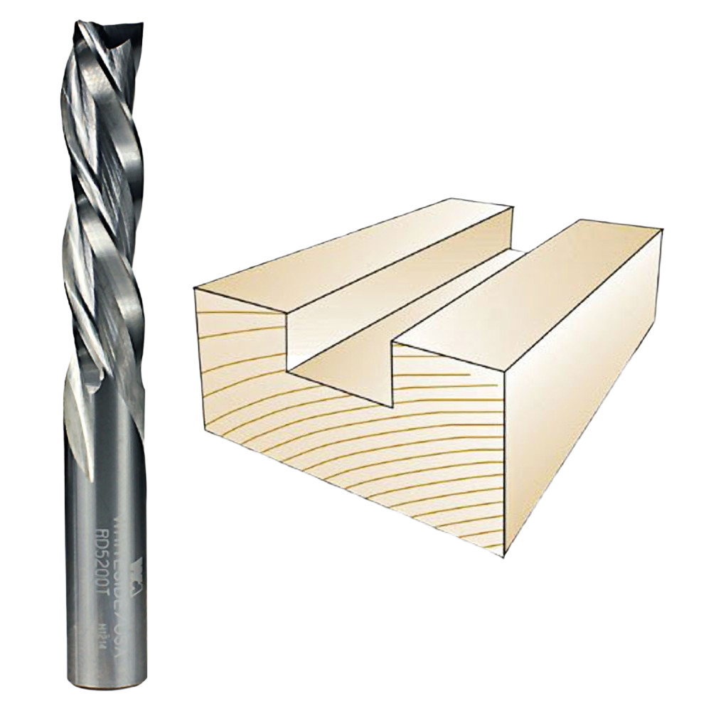 Three flute spiral downcut router bit next to illustration of clean groove cut in wood for tool accessories collection