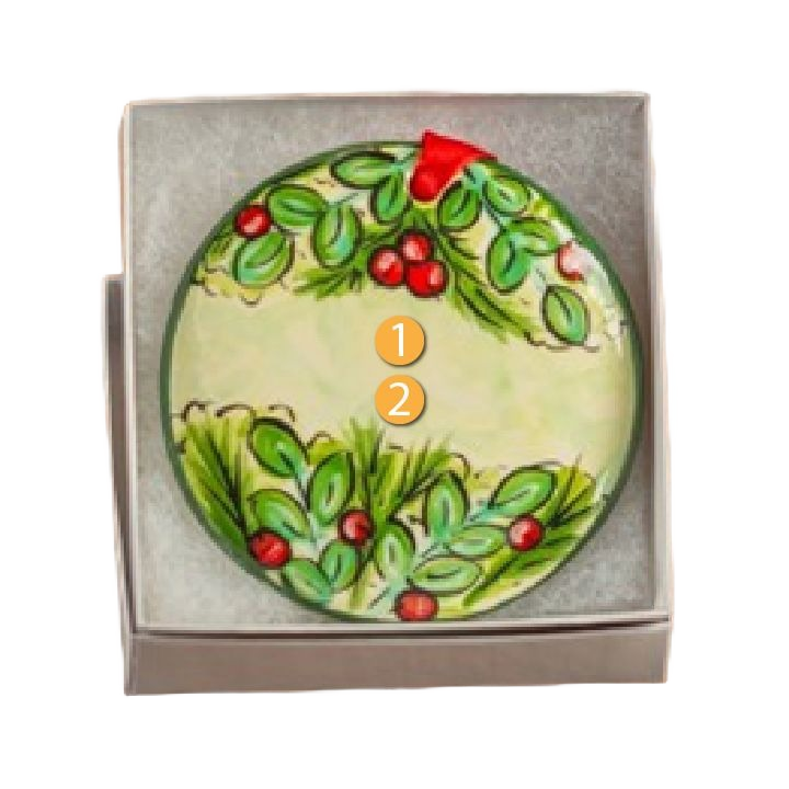 Hand-painted ceramic wreath ornament with holly berries and leaves in Christmas Ornaments & Tree Decorations collection