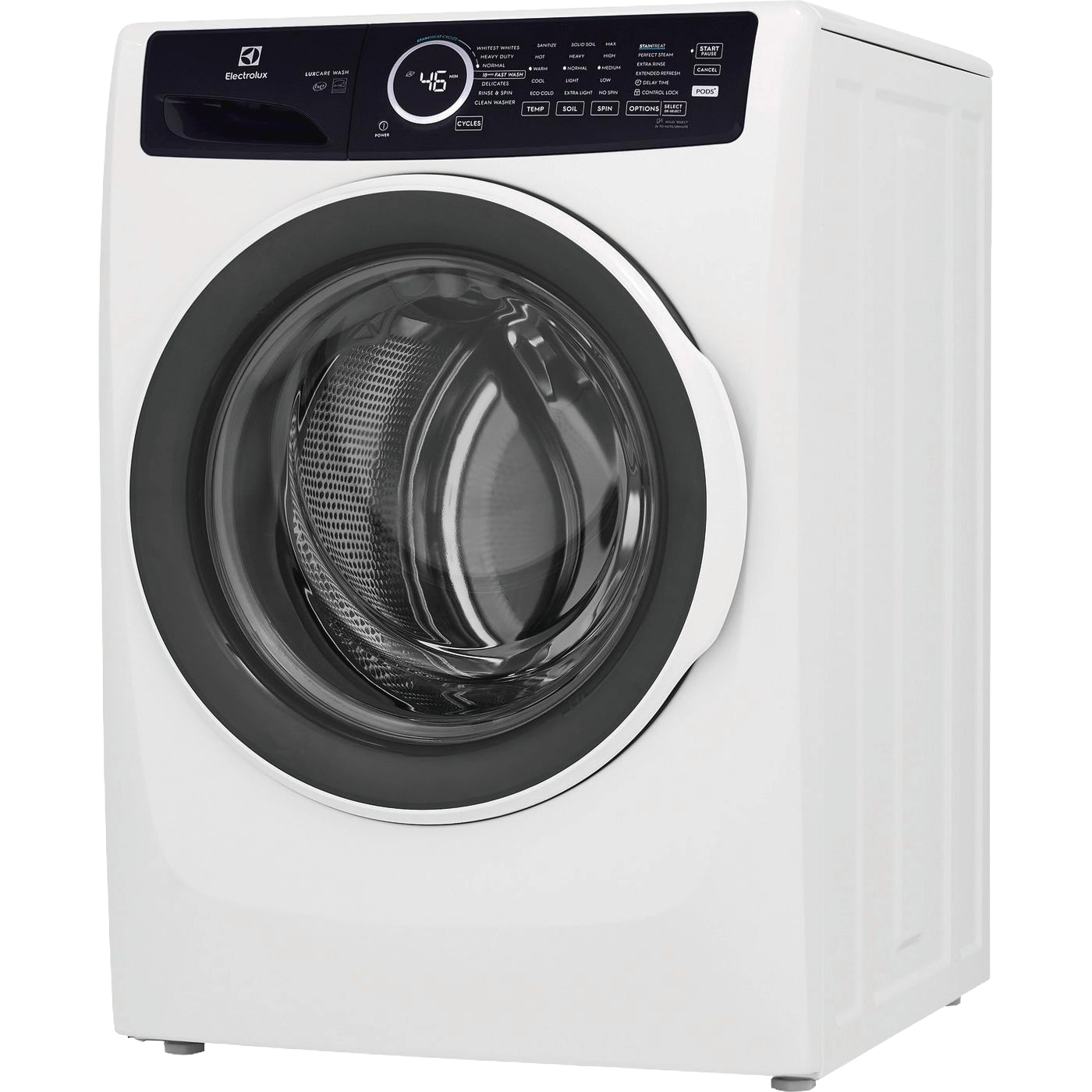 White front load washer with digital control panel and large circular door, part of front load washers collection