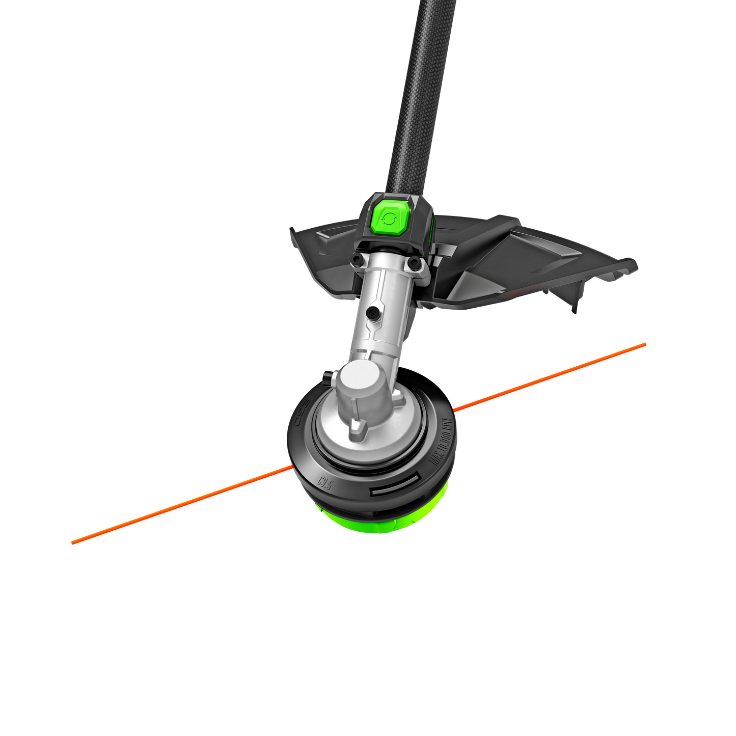 Close-up of green and black string trimmer head with protective guard in outdoor power equipment and lawn care tools collections