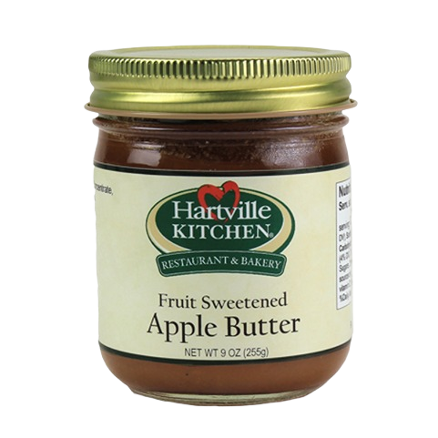 Glass jar of Hartville Kitchen fruit sweetened apple butter with gold lid in jams and jellies under $25 collection