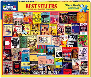 Colorful collage of classic bestselling book covers featured on 1000 piece White Mountain Puzzles set box