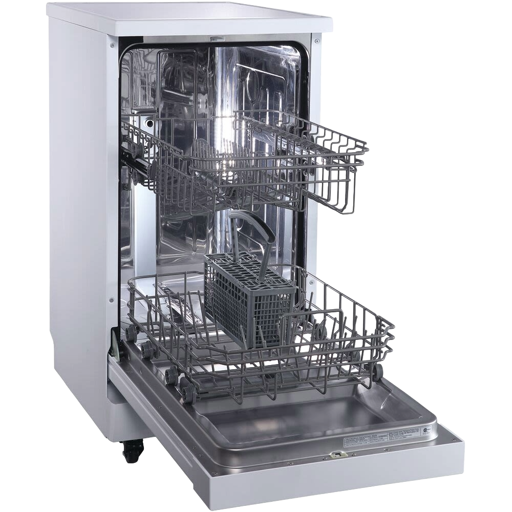 Compact portable dishwasher with stainless steel interior, two sliding racks, and silverware basket in kitchen appliances collection