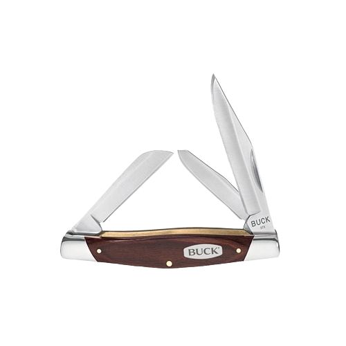 Three-blade pocket knife with brown wood handle and stainless steel blades, part of cutting and woodworking tools collection