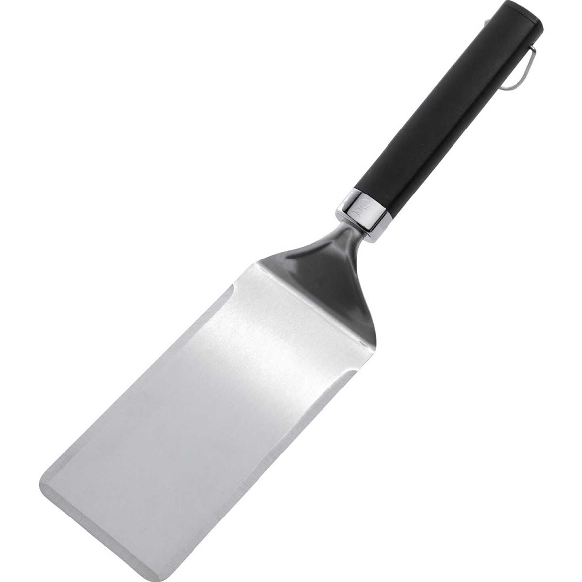 Stainless steel flat top griddle spatula with black handle for grilling and home improvement tools use