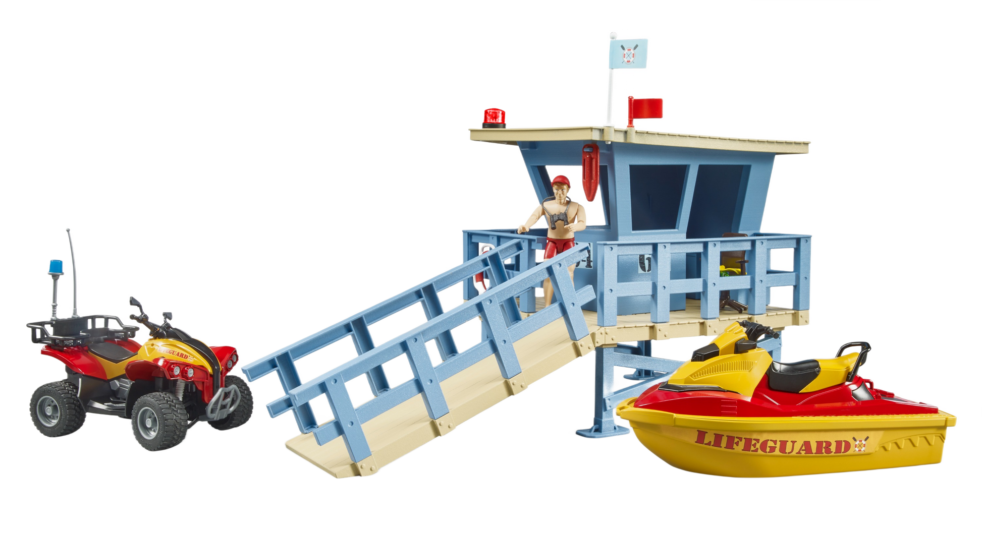 Blue lifeguard tower playset with quad and watercraft for imaginative play in Bruder Toys under $100 collections