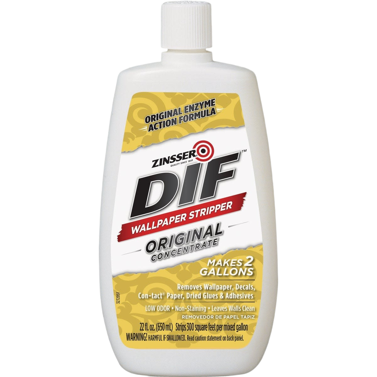 White plastic bottle of concentrated wallpaper stripper cleaner with yellow and black label for home improvement use
