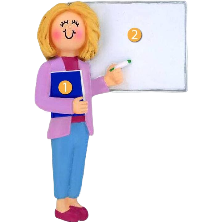 Blonde female teacher figurine in purple jacket holding book and marker next to whiteboard for Christmas décor under $50 collection