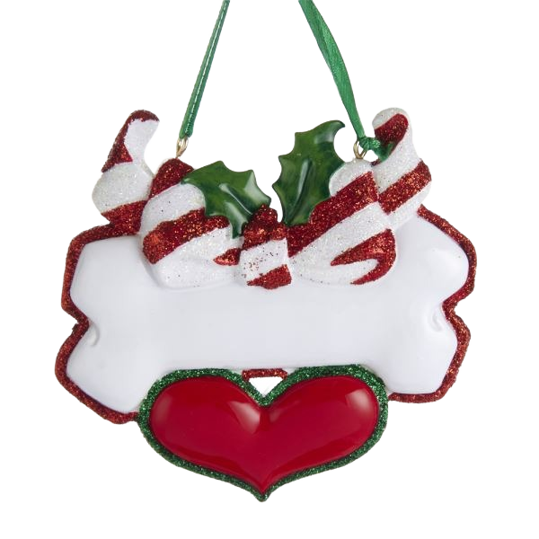 White dog bone shaped holiday ornament with red glitter accents, candy cane stripes, green holly leaves, and red heart hanging decor
