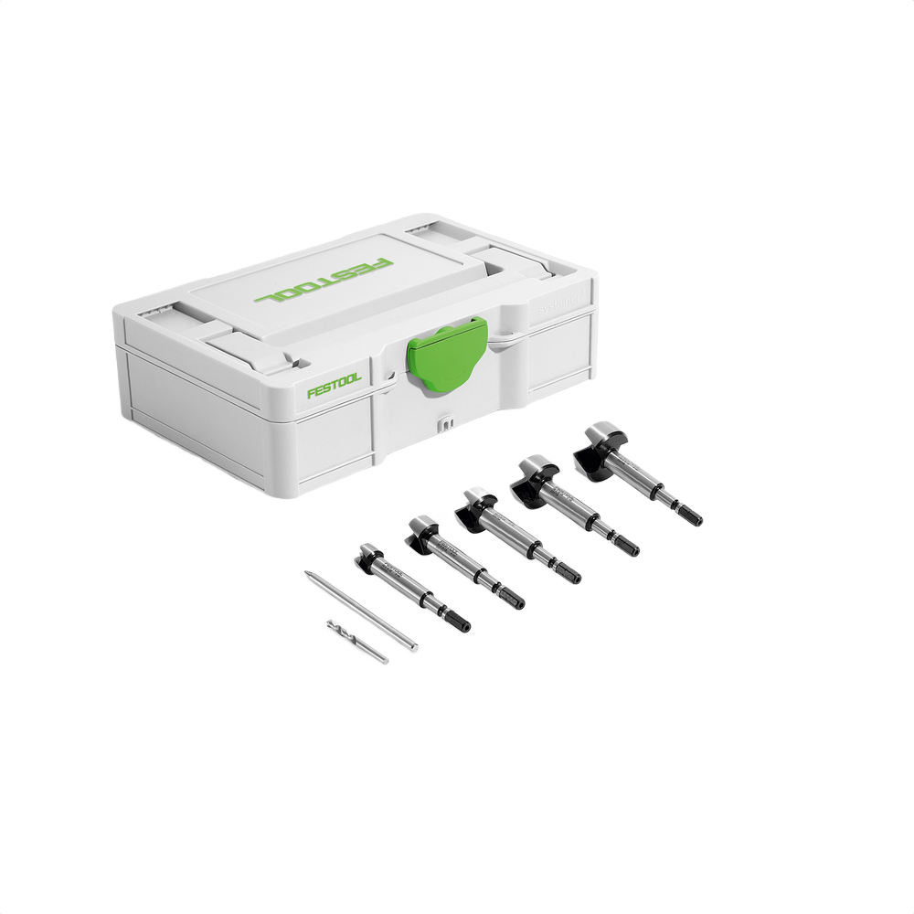 Set of six high-precision Forstner drill bits with replaceable points in a compact Festool tool accessory case
