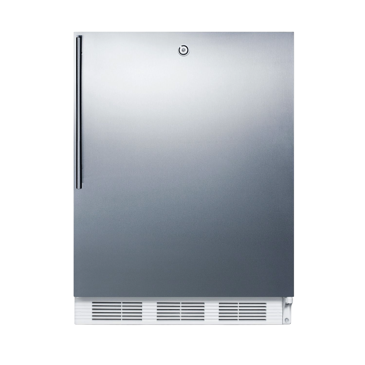 Compact stainless steel built-in refrigerator with vented base for kitchen and appliances collection