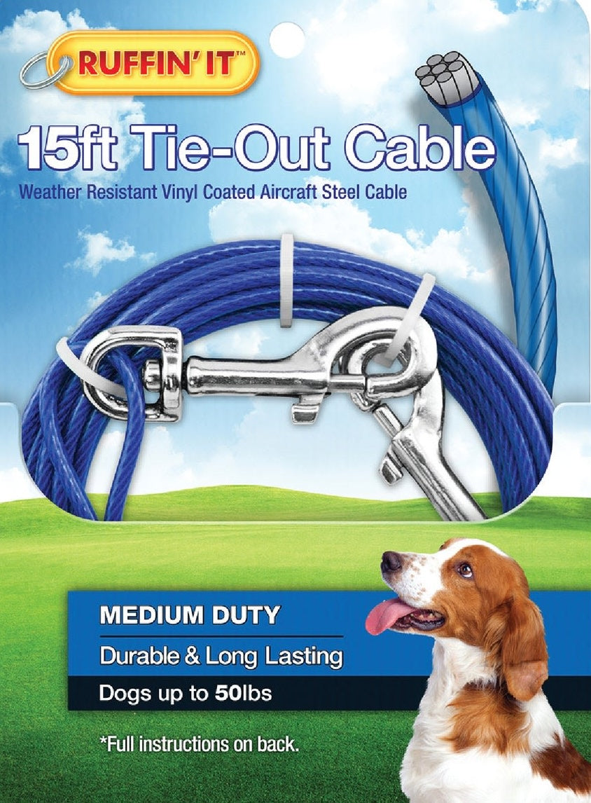 Blue weather-resistant vinyl coated steel tie-out cable with metal clip and dog illustration for home improvement use
