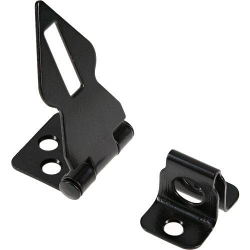 Black 1-inch decorative hasp with hinge and separate clasp for securing cabinets and furniture in home improvement projects
