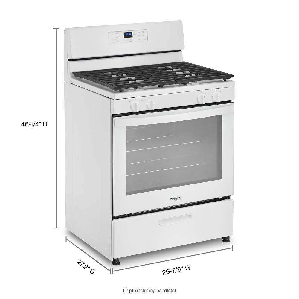 White freestanding gas range with four burners, digital control panel, and broiler drawer in ranges and kitchenware collections