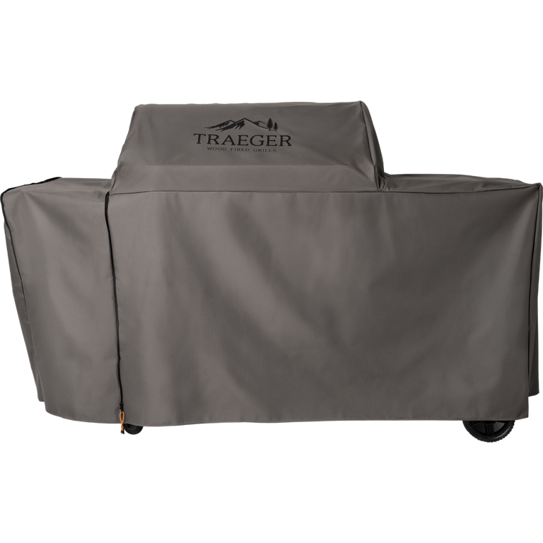 Heavy-duty polyester full-length grill cover in gray for Traeger Woodridge Pro and Elite grills in outdoor living collection