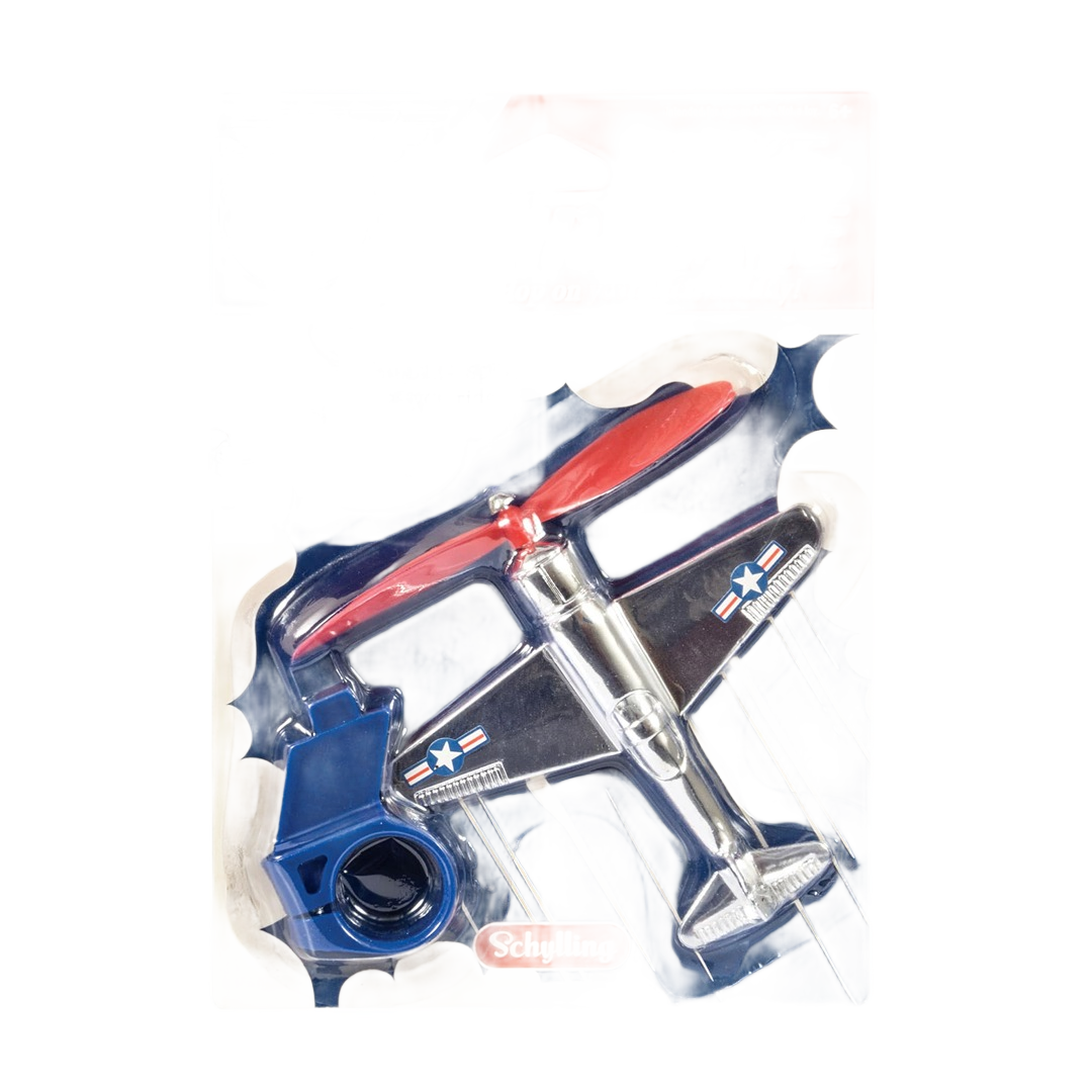 Silver toy airplane with red propeller and blue handle attachment in retail packaging for outdoor play.