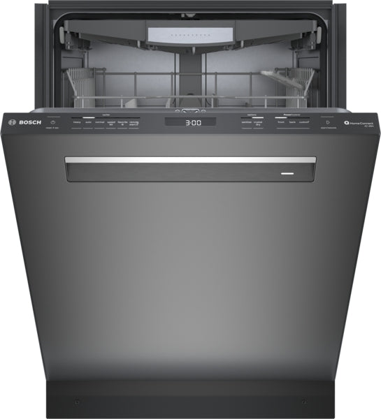 Open brushed black steel dishwasher with digital control panel and upper rack visible, part of Bosch kitchen appliances collection
