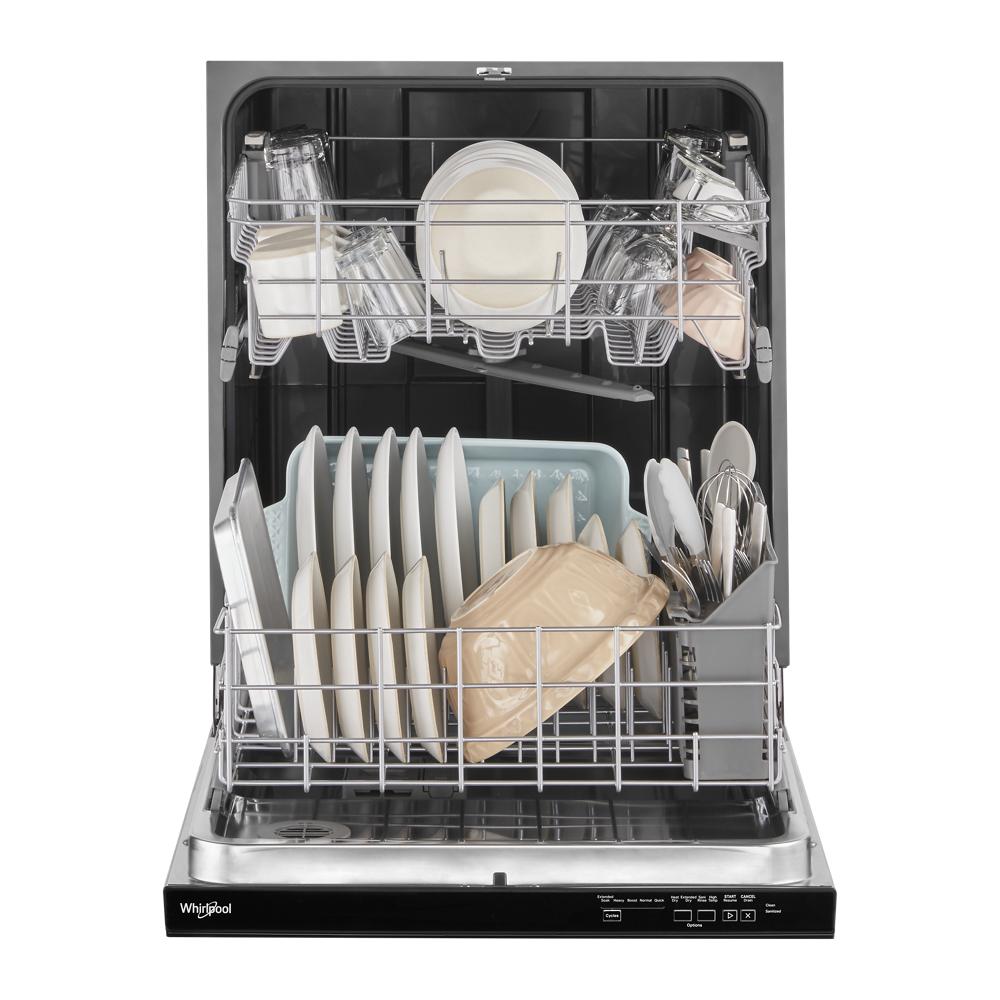 Open dishwasher with adjustable upper rack loaded with plates, bowls, cups, and utensils in kitchen appliance collection